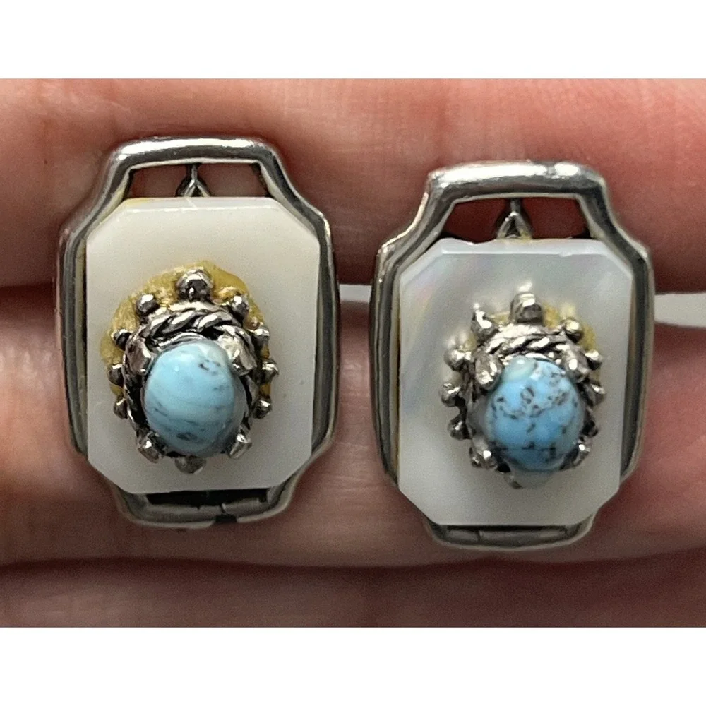 Vintage White‎ & Turquoise Color Cabochon Silver Tone Cufflinks Fashion Jewelry